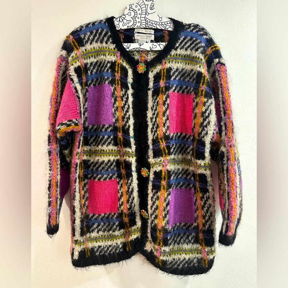Jennifer Reed Vtg Hand Knitted Mohair Womans Checkerboard Floral Sweater Sz M
